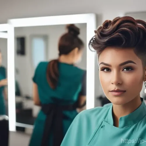 헤어디자이너 경력 관리 노하우 - Discovering Unique Strengths**
    A stylish female hairdresser, mid-20s, with a thoughtful and conf...