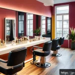 헤어디자이너 해외 연수 프로그램 - A modern European hair salon interior with hairstylists actively working on diverse clients wearing ...