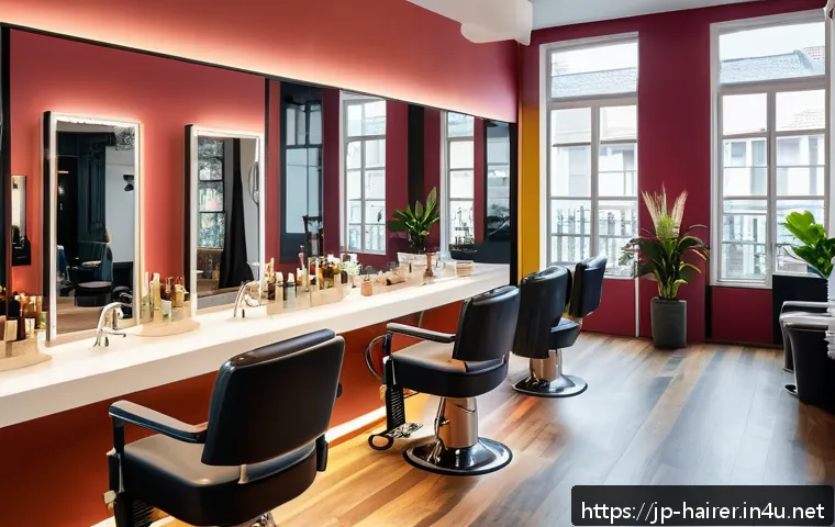 헤어디자이너 해외 연수 프로그램 - A modern European hair salon interior with hairstylists actively working on diverse clients wearing ...