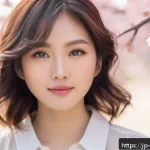 헤어디자이너 여성 헤어스타일링 - A natural spring hairstyle portrait of a young Japanese woman with soft, loose waves gently framing ...