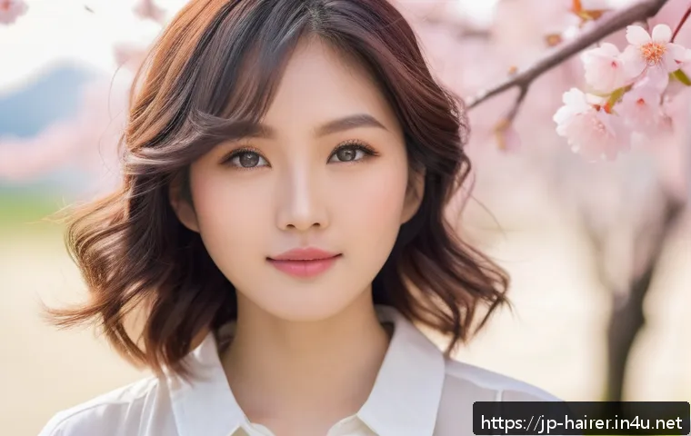 헤어디자이너 여성 헤어스타일링 - A natural spring hairstyle portrait of a young Japanese woman with soft, loose waves gently framing ...