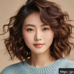 헤어디자이너 헤어 트렌드 연구 - A stylish young Japanese woman with natural, loose waves styled in a soft, fluffy perm, wearing a ca...