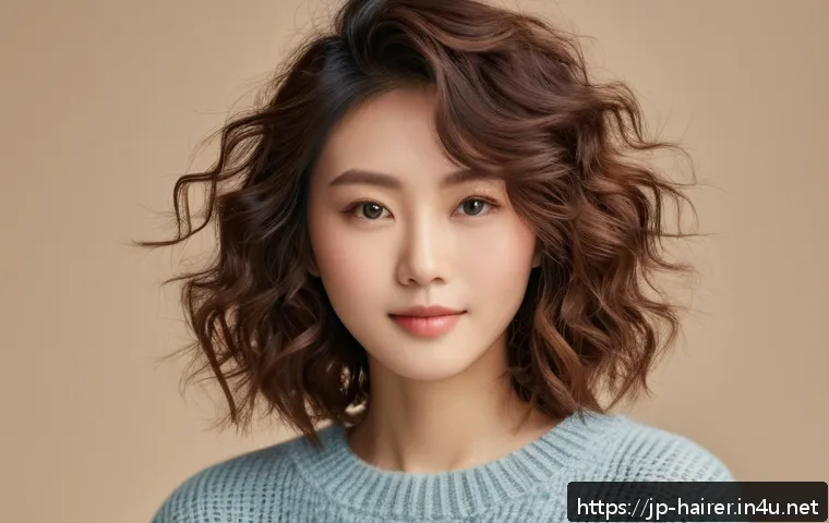 헤어디자이너 헤어 트렌드 연구 - A stylish young Japanese woman with natural, loose waves styled in a soft, fluffy perm, wearing a ca...