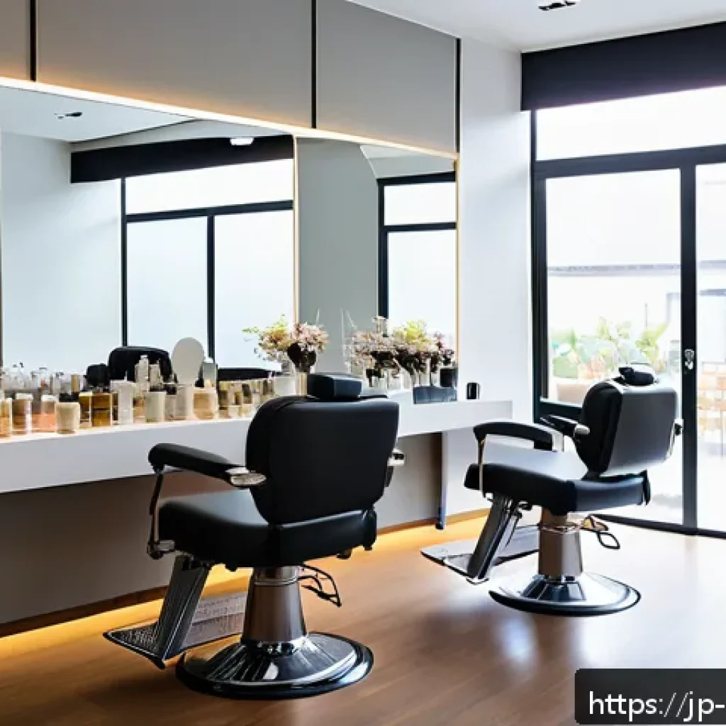헤어디자이너 창의력 키우는 법 - A modern Japanese hair salon interior with natural sunlight streaming through large windows, minimal...