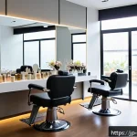 헤어디자이너 창의력 키우는 법 - A modern Japanese hair salon interior with natural sunlight streaming through large windows, minimal...
