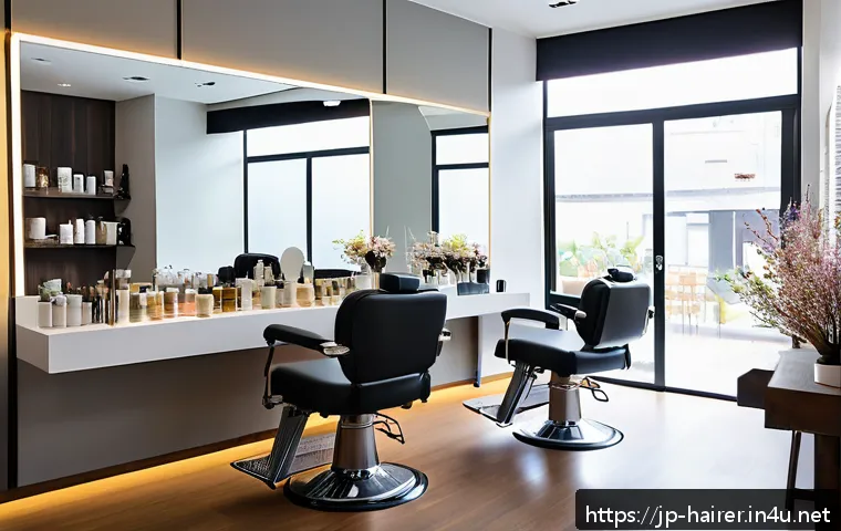 헤어디자이너 창의력 키우는 법 - A modern Japanese hair salon interior with natural sunlight streaming through large windows, minimal...